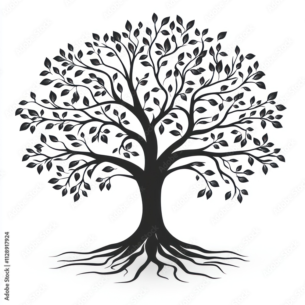 Obraz premium Black silhouette of a large tree with visible roots and leaves.