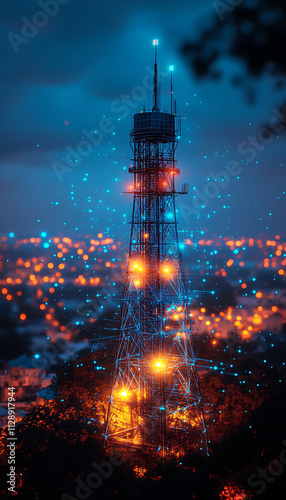 Glowing wireframe rendering of a 5G tower on a translucent background, highlighted by a combination of blue and black data points