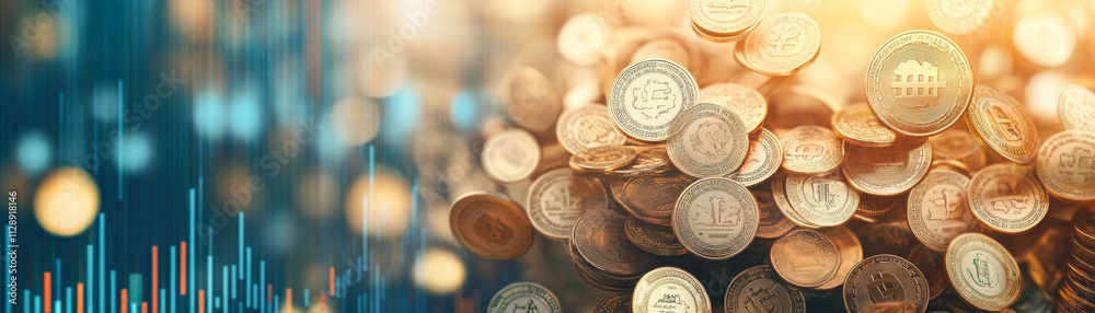 Coins pile up against a backdrop of blurry financial graphs, representing economic growth, investment opportunities, or market trends in a digital age. Coins pile up against a backdrop of blurry financial graphs, representing economic growth, investment opportunities, or market trends in a digital age.