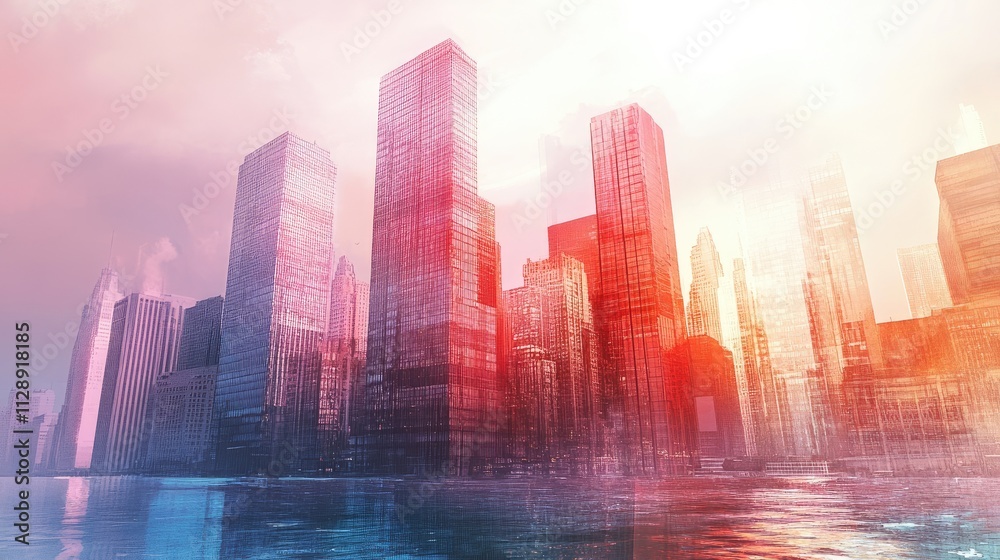 Tall buildings and coins are the same height, water color vivid 
