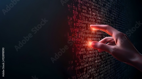 A hand gently interacts with a wall of glowing red binary code, the digits appearing to respond to its touch.