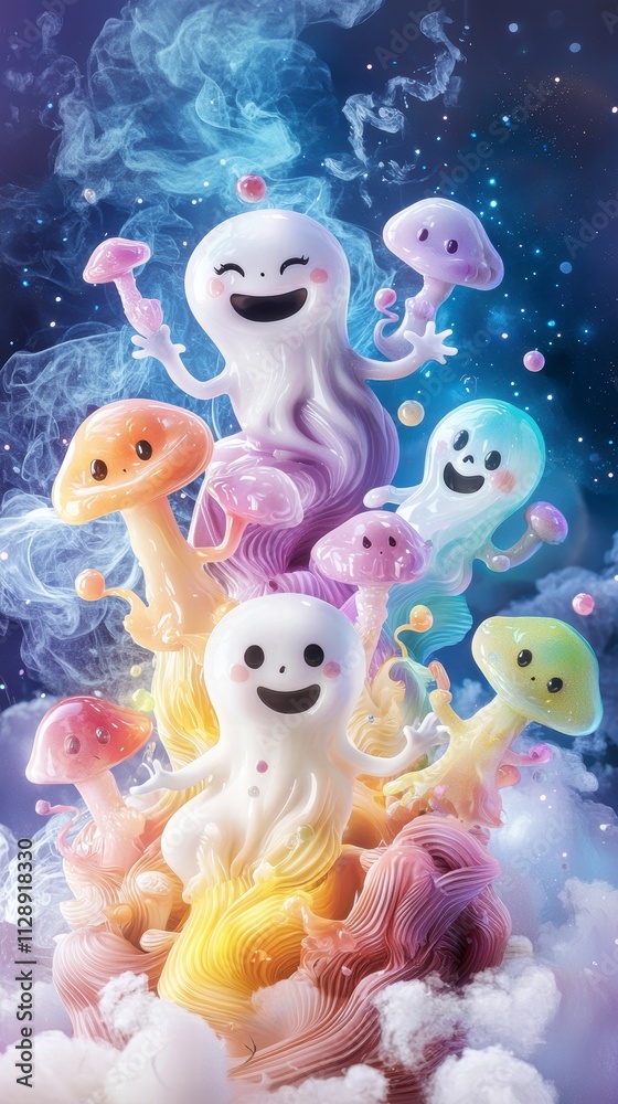 Naklejka premium Magical Rainbow Ghosts and Mushrooms in a Dreamlike World