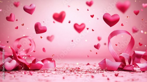Romantic Pink Hearts and Ribbons for Valentine Day Celebration