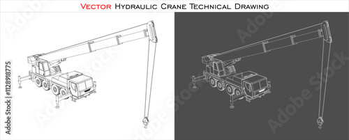 hydraulic crane Isometric view vector, heavy equipment and machinery technical drawing blueprint. isolated on transparent background