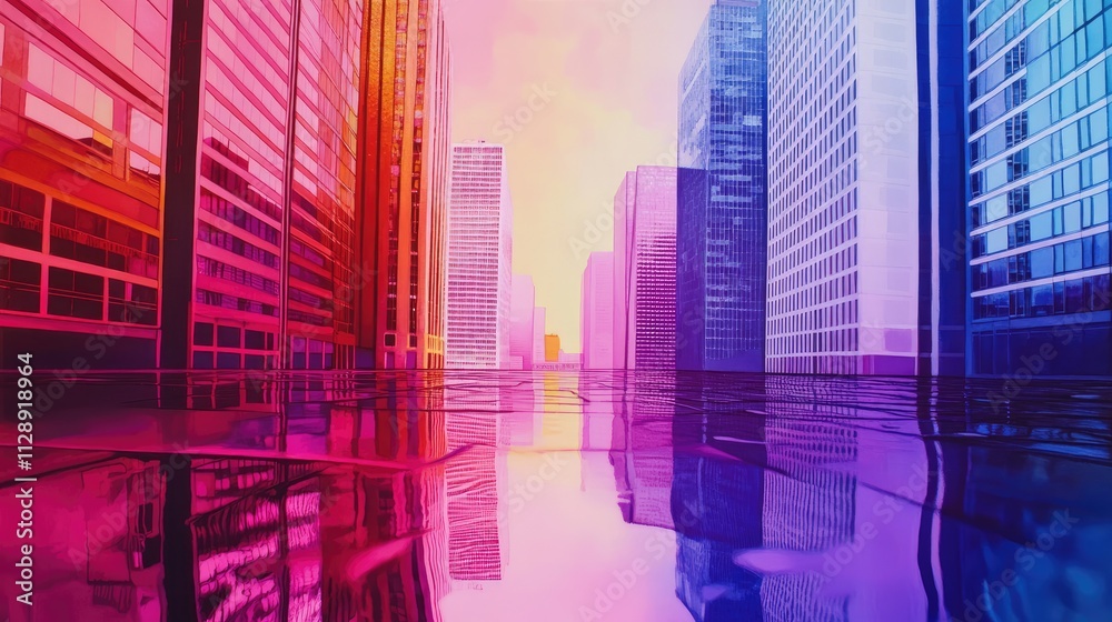 Obraz premium Tall buildings and coins are the same height, water color vivid 