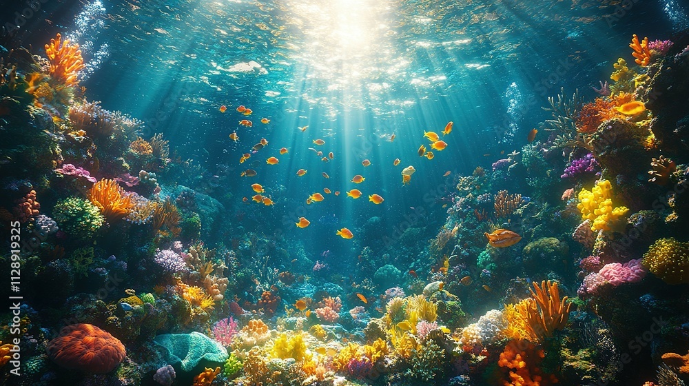 Fototapeta premium Vibrant Coral Reef Ecosystem With Colorful Fish Swimming