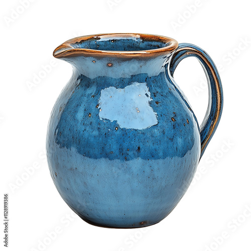 A glossy blue ceramic pitcher with a curved body and a decorative lip, showcasing unique glaze patterns.,transparent background