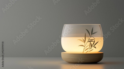 Illuminated glass bowl with bamboo base, displaying a subtle plant design. Warm, soft light emanating from below.