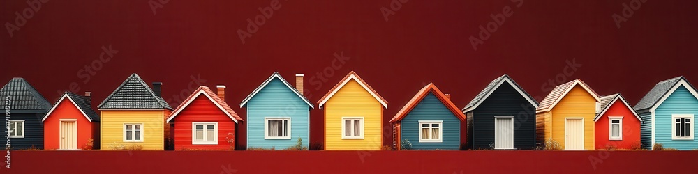Colorful Stylized Houses, Vibrant and Whimsical banner on a Dark Red Background, for Design, Architecture, Interior Decoration, or Advertising Colorful Stylized Houses, Vibrant and Whimsical banner on a Dark Red Background, for Design, Architecture, Interior Decoration, or Advertising