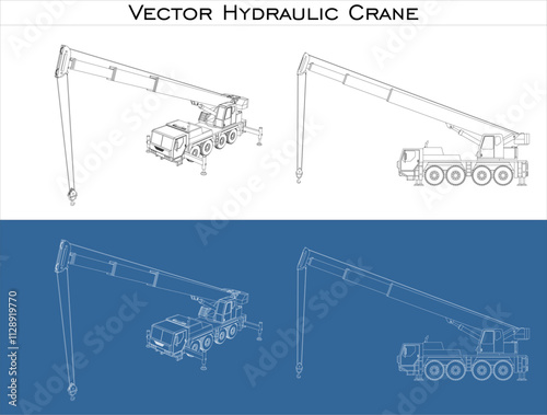 Set Hydraulic crane vector line draw blueprint wireframe from all view  front, side and back isolated in transparent background