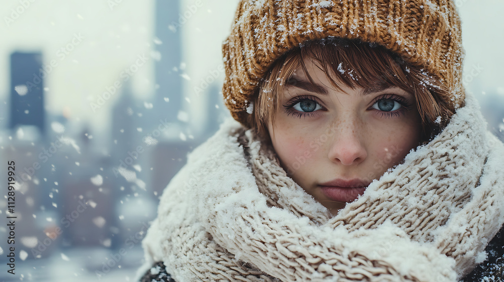  A cozy oversized knit sweater paired with a chunky scarf and woolen hat, with a snowy cityscape backdrop (4)