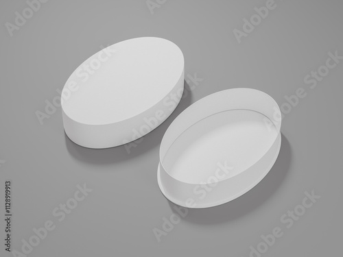 oval shape box mockup, open lid empty round box in perspective view, egg-shape rigid paper box, elliptical jewelry storage, ellipse cardboard container, ovoid packaging, ovate gift box, oval packaging