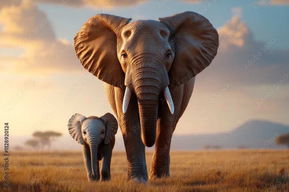 Fototapeta premium A serene image of an elephant calf walking beside its mother in a vast grassland, showcasing their strong bond
