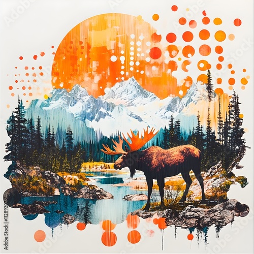 A fragmented abstract logo influenced by dot compositions, with bursts of color representing Alaskan wildlife such as moose and eagles, set against uneven layers of mountainous landscapes photo