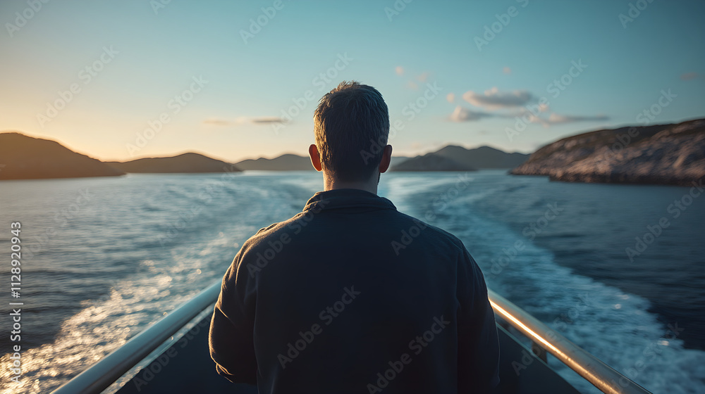 Fototapeta premium Man on Ferry Deck Immersed in Island View, Reflecting on the Serenity of Nature