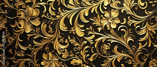 Luxurious Gold Floral Damask Pattern, Elegant Black Background Texture