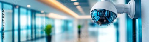 Modern surveillance camera in a bright, futuristic office hallway.