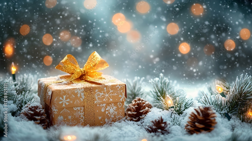 Luxurious Christmas gift box adorned with golden ribbon sits in snowy scene, surrounded by pine cones and warm fairy lights, creating magical winter atmosphere with dreamy bokeh effects. Luxurious Christmas gift box adorned with golden ribbon sits in snowy scene, surrounded by pine cones and warm fairy lights, creating magical winter atmosphere with dreamy bokeh effects.