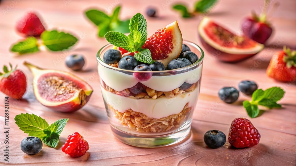 Delicious Natural Yogurt with Muesli, Figs, and Berries in a Glass on a Pink Background with Fresh Mint Leaves for a Fresh and Healthy Breakfast Inspiration Delicious Natural Yogurt with Muesli, Figs, and Berries in a Glass on a Pink Background with Fresh Mint Leaves for a Fresh and Healthy Breakfast Inspiration