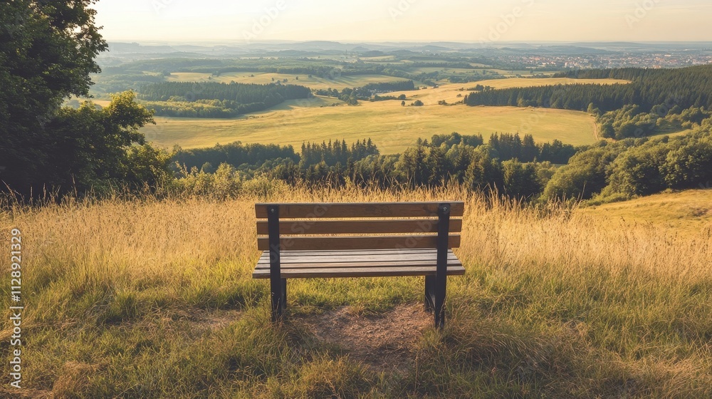 Fototapeta premium Scenic Mountain View with an Empty Wooden Bench on a Hilltop