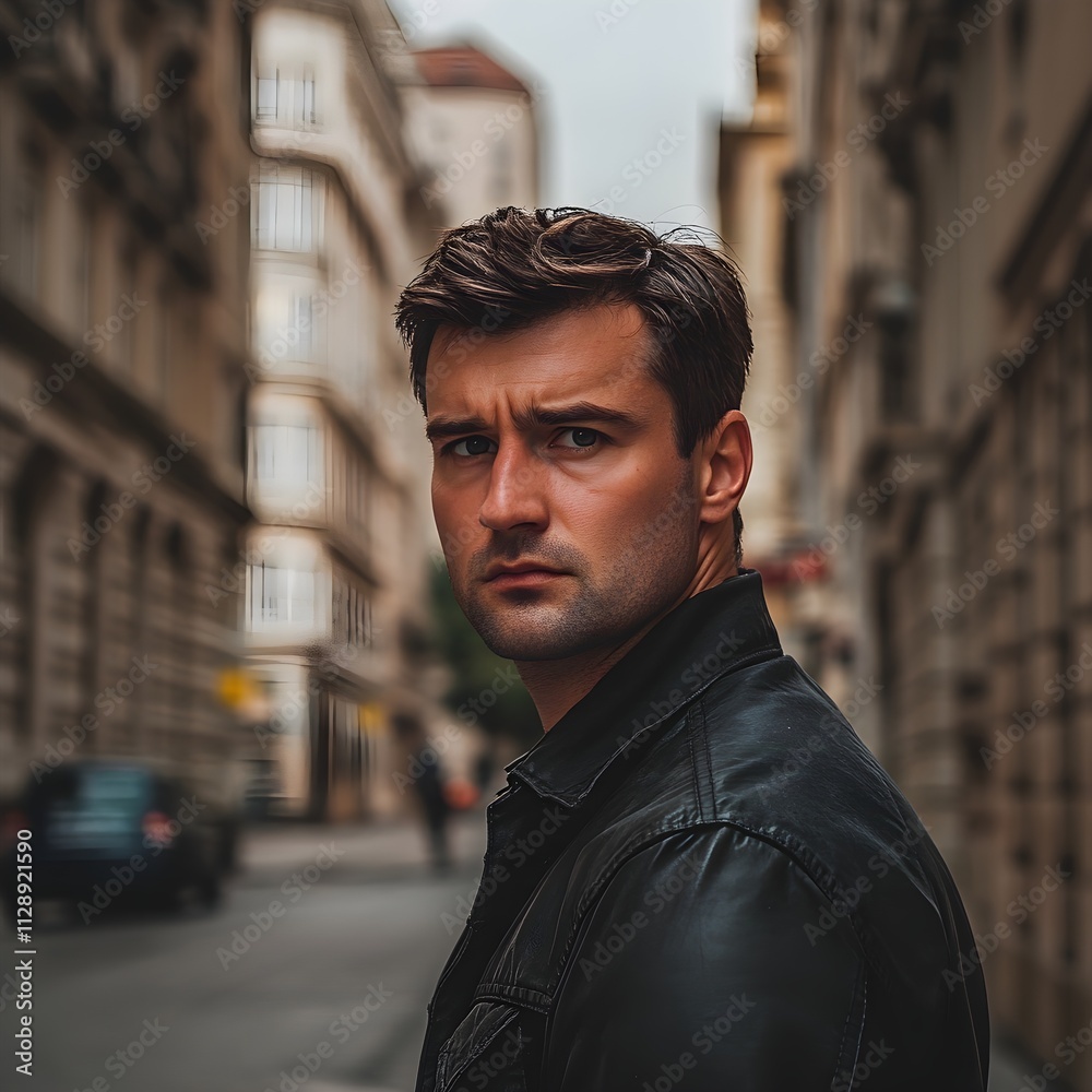 A European man in his 30s who works for a crime syndicate is intimidating and dangerous. His dark brown hair and scruffy attire, while standing on the streets of Budapest at daytime. A European man in his 30s who works for a crime syndicate is intimidating and dangerous. His dark brown hair and scruffy attire, while standing on the streets of Budapest at daytime.
