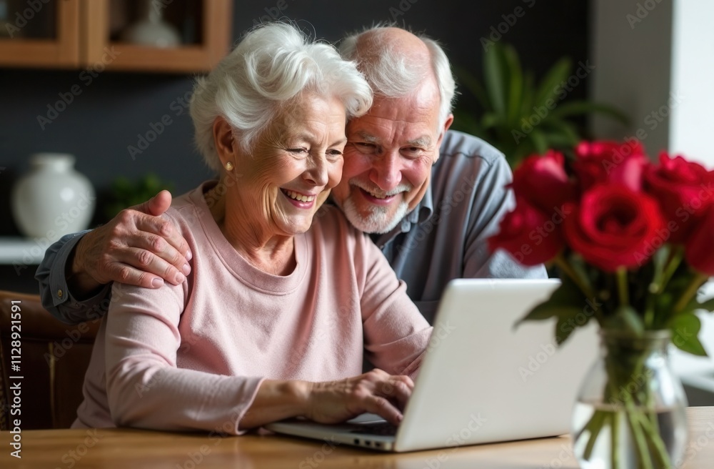 senior couple using laptop senior couple using laptop