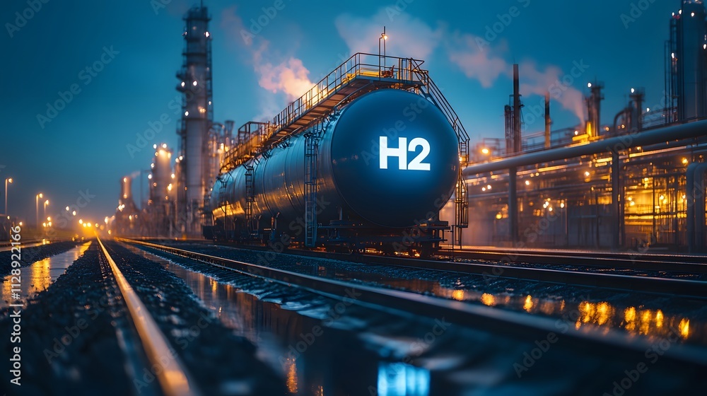 Fototapeta premium Industrial hydrogen facility&nbsp;showcases metallic blue storage&nbsp;tank with H2&nbsp;symbol against twilight refinery backdrop, highlighting&nbsp;clean energy infrastructure amid industrial setting.