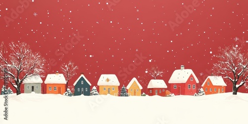 Stylized Flat Graphic Winter banner, Colorful Houses with Red Roofs on Sunset Background, Snowfall