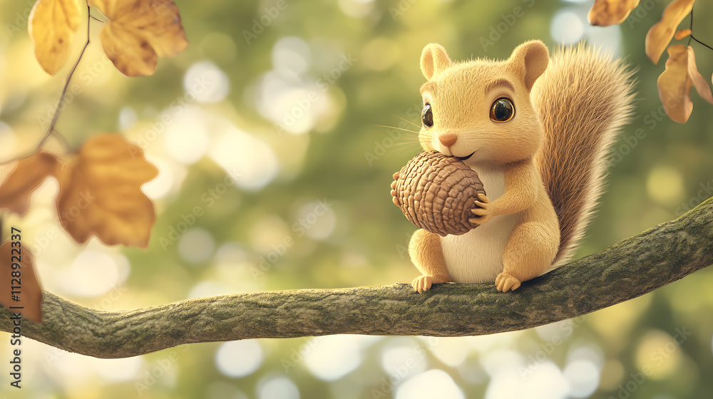 A curious cartoon squirrel holding a giant acorn while sitting on a tree branch. A curious cartoon squirrel holding a giant acorn while sitting on a tree branch.