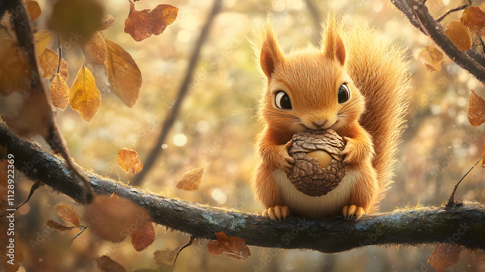 A curious cartoon squirrel holding a giant acorn while sitting on a tree branch. A curious cartoon squirrel holding a giant acorn while sitting on a tree branch.