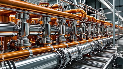 Industrial Pipeline System with Polished Metal and Orange Pipes in a Modern Factory Setting

 photo