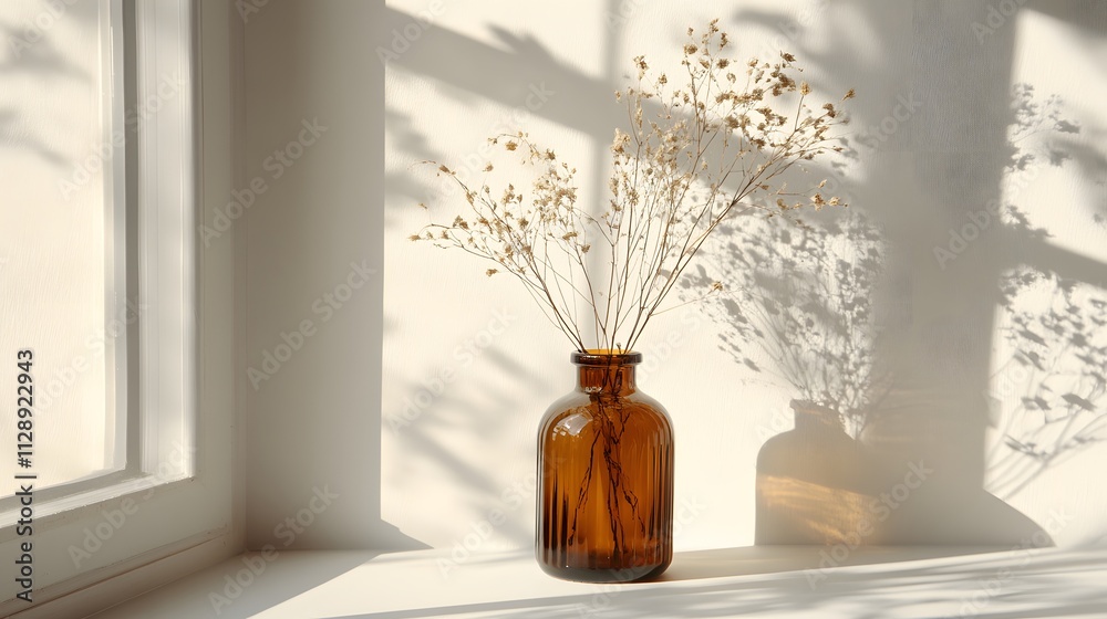 Fototapeta premium Artistically arranged brown glass vases and dried botanicals create zen-like still life, with natural window light casting subtle shadows across minimalist composition in Scandinavian style.