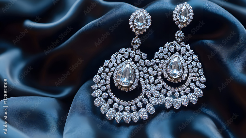 A dazzling chandelier earring with intricate diamond patterns hanging on a silk-covered display. A dazzling chandelier earring with intricate diamond patterns hanging on a silk-covered display.