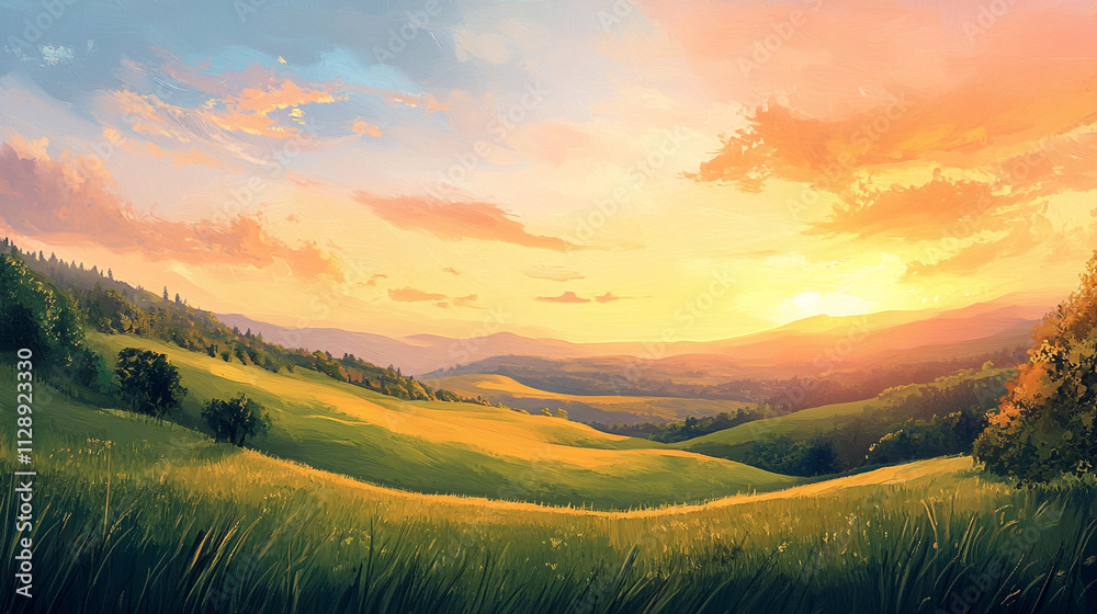 A Serene Landscape with Rolling Hills and a Vibrant Sunset