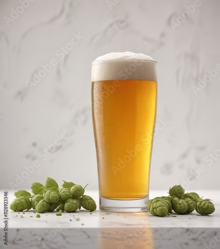 Single pint of beer served with hops on white backdrop, Cold, Brewery, Drink photo