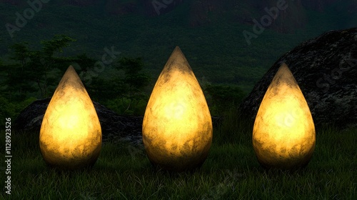 Illuminated stone sculptures in a serene landscape photo