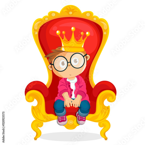 The throne is red and gold and a boy wearing a crown sits on it