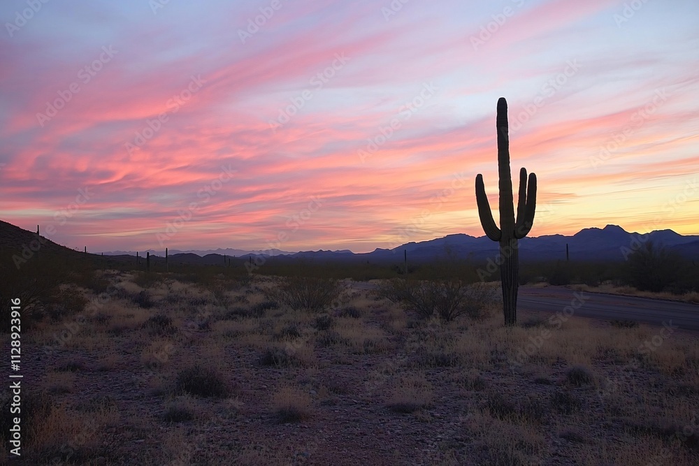 A desolate desert highway with a lone cactus nearby, stretching towards the horizon under a vibrant pink and orange sunrise, peaceful and serene 1 A desolate desert highway with a lone cactus nearby, stretching towards the horizon under a vibrant pink and orange sunrise, peaceful and serene 1
