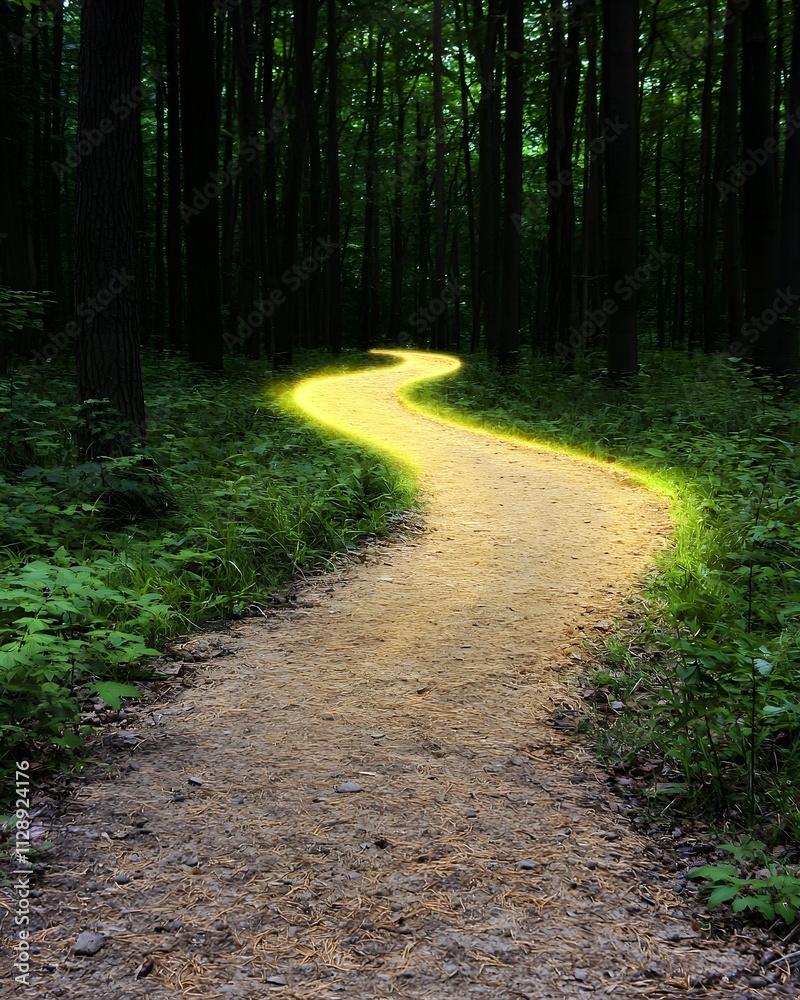 Obraz premium Illuminated winding path through a serene forest