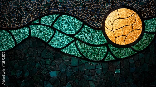 Wallpaper Mural Abstract mosaic artwork with teal, gold, and dark colors,  creating a stylized wave pattern. Torontodigital.ca