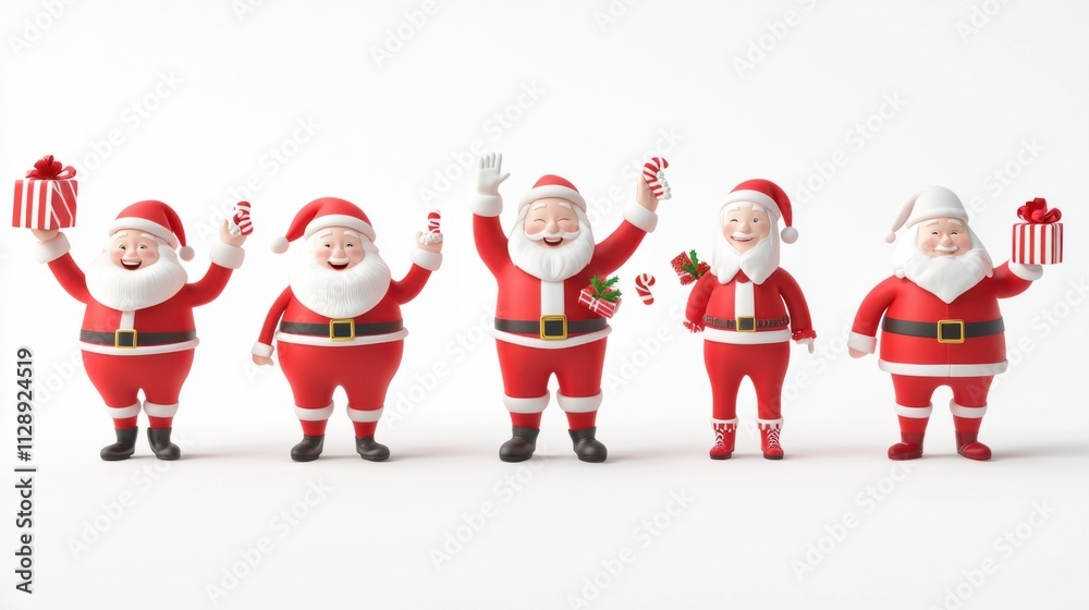 Collection of 3D Santa Claus characters in cheerful poses, including waving, holding gifts, and carrying candy canes, on white