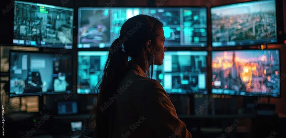 Woman analyzing data in high-tech security control room Woman analyzing data in high-tech security control room