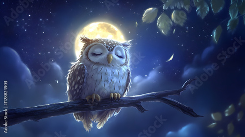 A dreamy cartoon owl perched on a branch under a glowing moon in a starry night sky. photo