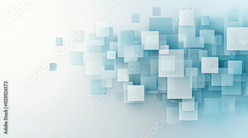 Abstract image featuring overlapping translucent squares in varying shades of blue and white, creating a modern, geometric design on a light gradient background.