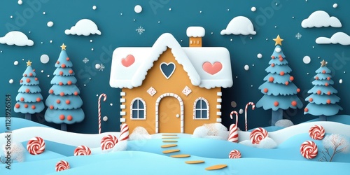 Festive Gingerbread House, Whimsical Winter banner with Snow and Decorations, Cozy Entrance