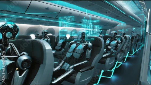 Wallpaper Mural Robots occupy passenger seats on an airplane, gazing out of windows at augmented reality displays. The scene showcases a blend of technology and futuristic travel experiences Torontodigital.ca