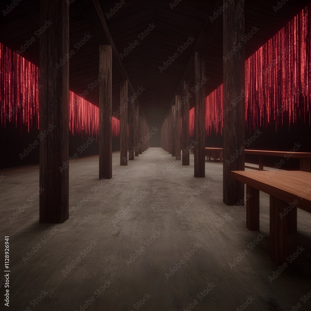 Fototapeta premium Modern interior with dramatic red lighting and wooden tables