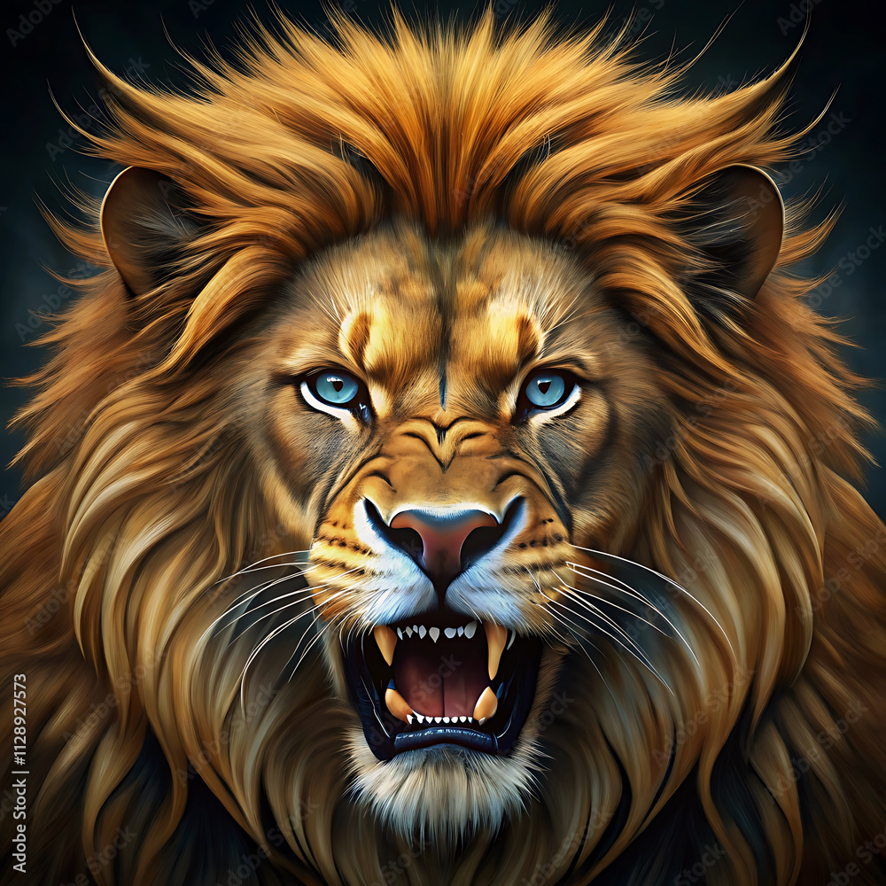 Lion portrait, fierce expression, snarling, bared teeth, glowing blue eyes Lion portrait, fierce expression, snarling, bared teeth, glowing blue eyes