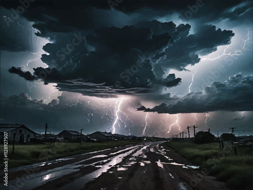 Lightning in the blue sky with clouds at night.