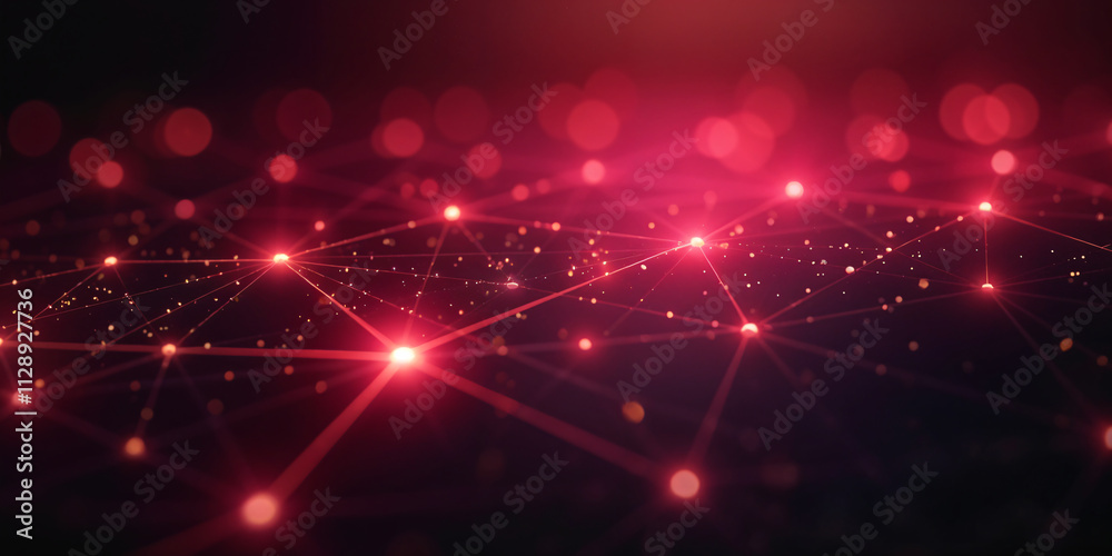 Fototapeta premium Abstract red digital network with glowing nodes and connected lines in a futuristic design. The image, featuring a mix of sharp lines and bright points, evokes a sense of technology and connectivity